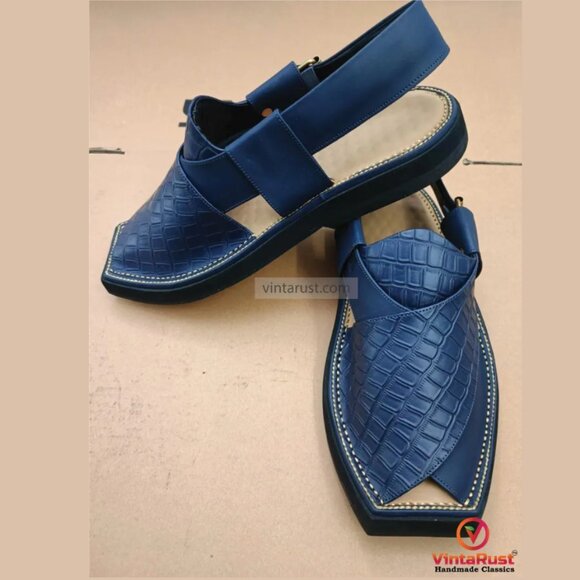 Blue Leather Sandals, Handmade Peshawari Chappal, Traditional Leather Blue